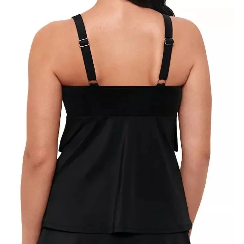Swim Solutions Triple Pleat Tankini Ruffled Swim Top Black Womens Size 8 - Picture 3 of 8